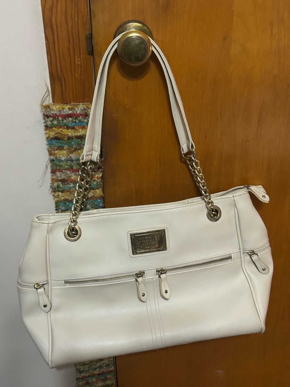 White Leather Shoulder Bag with Gold Chain Handles